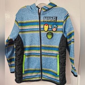 Marvel Kids' Blue and Green Striped Zippered Hooded Sweatshirt Jacket Size 6